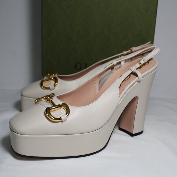 NWB Gucci GG Platform Slingback Horsebit Pumps Heels Mystic White 40 723837 - Picture 1 of 5